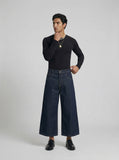 DAXUEN Dark indigo blue wide-leg cropped denim culottes — model photo