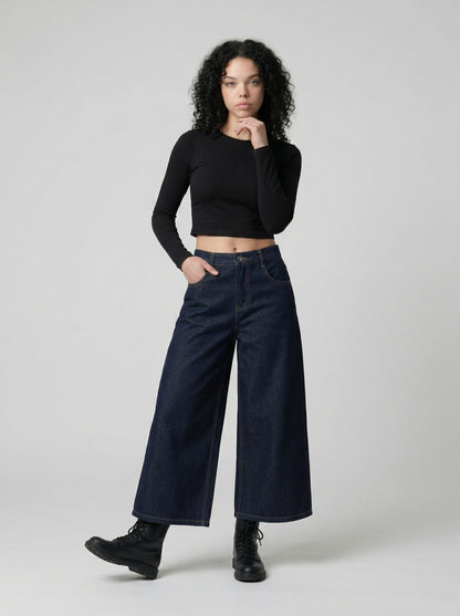DAXUEN Dark indigo blue wide-leg cropped denim culottes — model photo