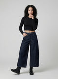 DAXUEN Dark indigo blue wide-leg cropped denim culottes — model photo