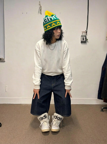 DAXUEN Dark indigo blue wide-leg cropped denim culottes — model photo