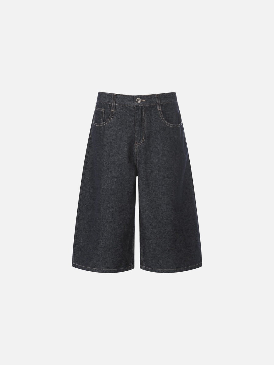 DAXUEN Dark indigo blue wide-leg cropped denim culottes