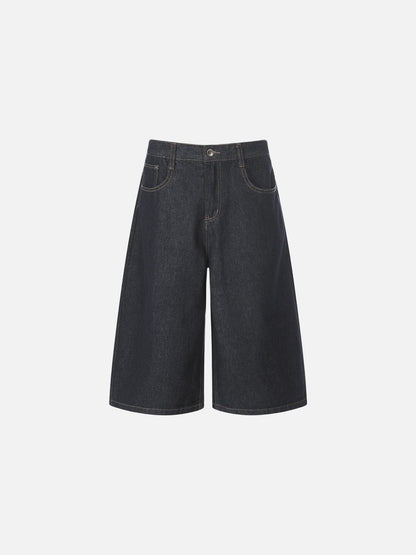 DAXUEN Dark indigo blue wide-leg cropped denim culottes