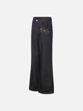 DAXUEN Dark indigo wide-leg denim pants with embroidery and studs