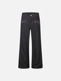 DAXUEN Dark indigo wide-leg denim pants with embroidery and studs