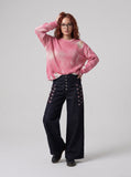 DAXUEN dark indigo wide-leg denim pants with plaid detail — model photo
