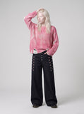 DAXUEN dark indigo wide-leg denim pants with plaid detail — model photo