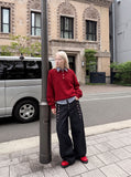 DAXUEN dark indigo wide-leg denim pants with plaid detail — model photo