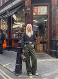 DAXUEN dark olive wide-leg trousers with plaid pockets — model photo