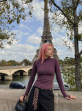 DAXUEN dark plum mock neck athletic top — model photo