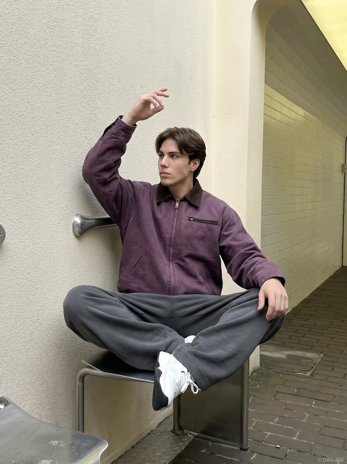 DAXUEN dark purple workwear jacket with corduroy collar — model photo