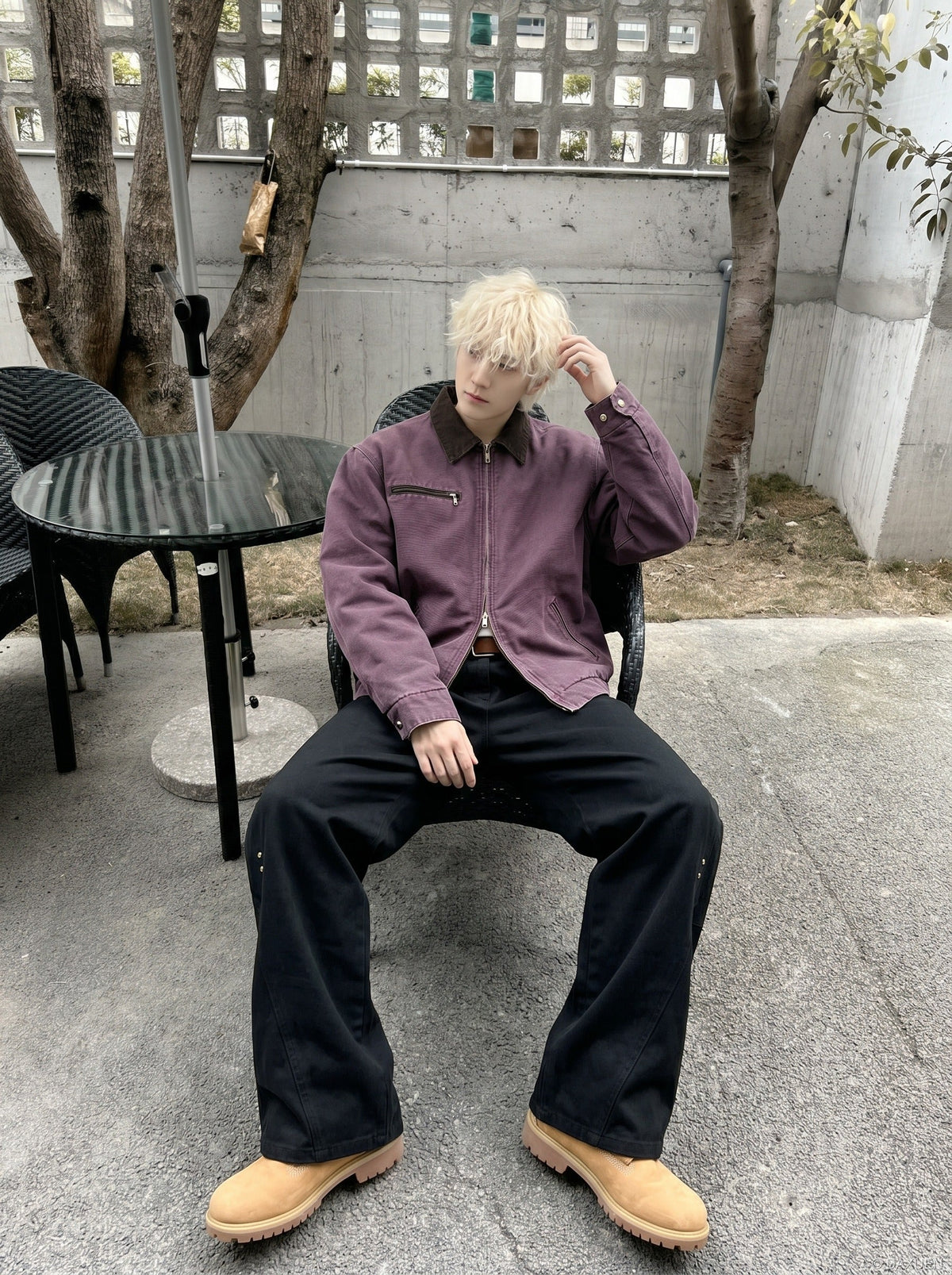 DAXUEN dark purple workwear jacket with corduroy collar — model photo