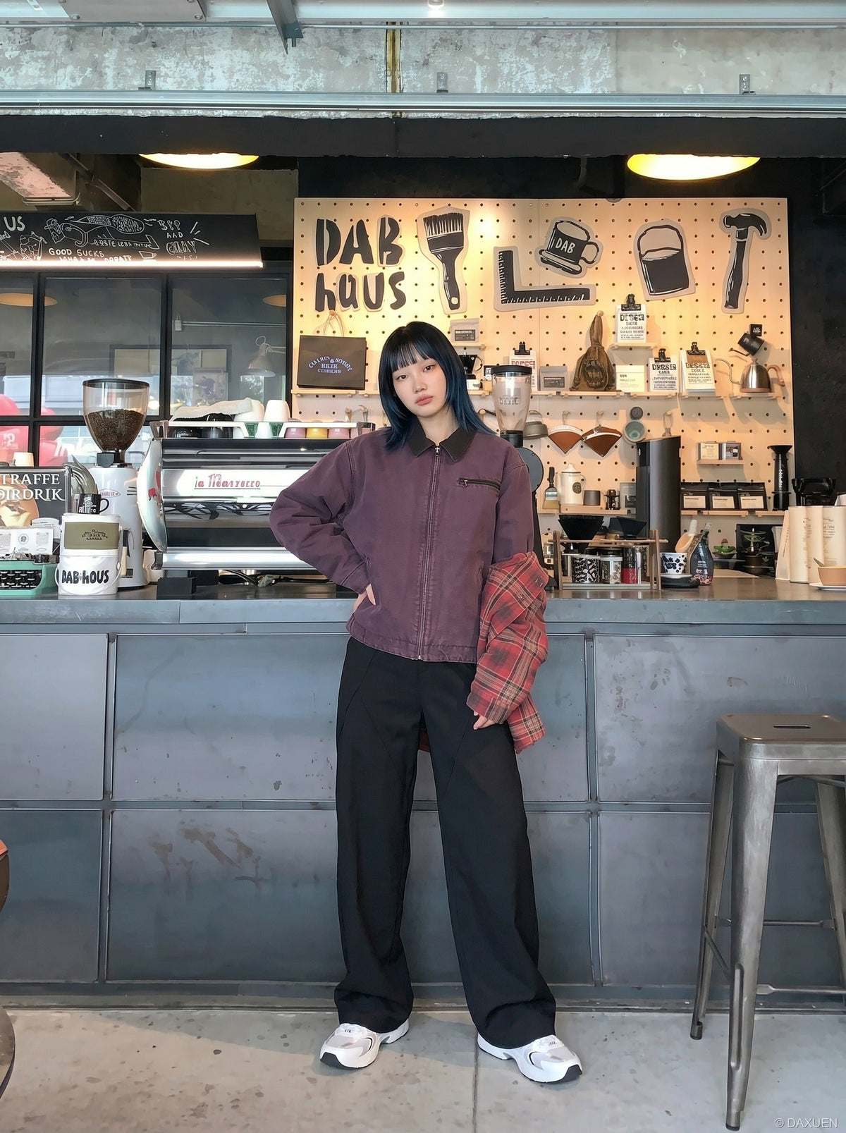 DAXUEN dark purple workwear jacket with corduroy collar — model photo