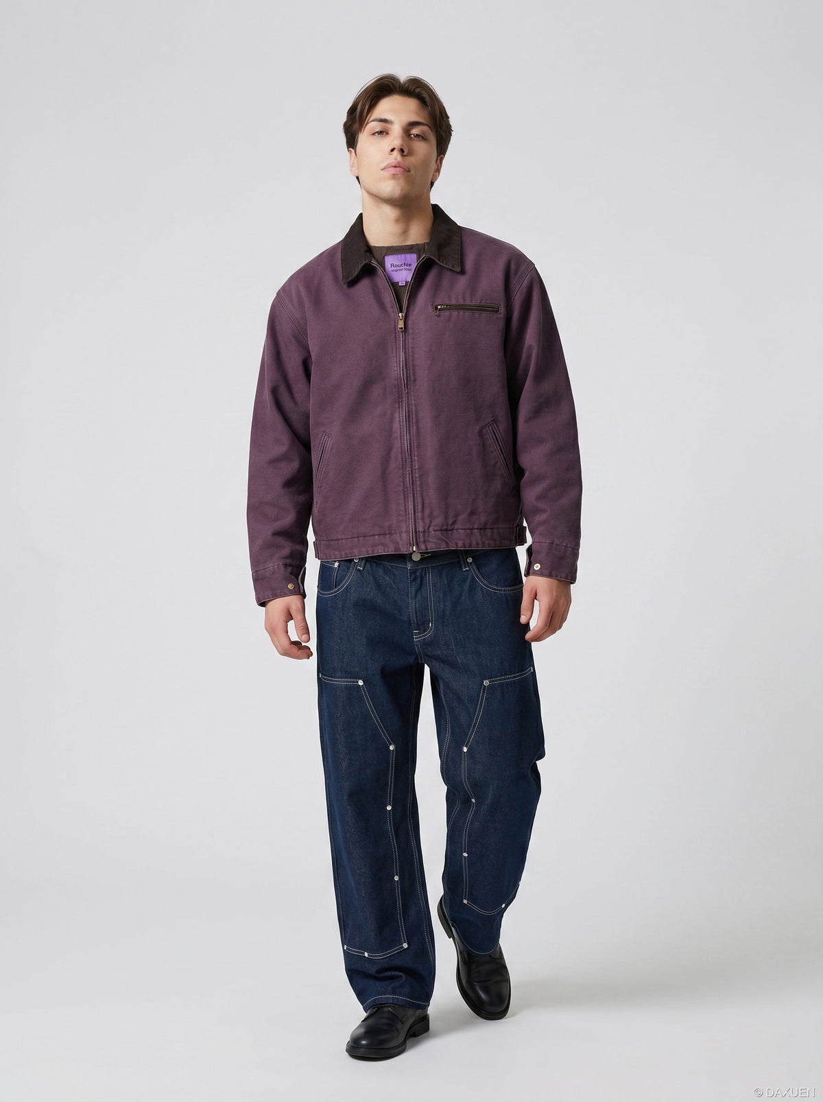 DAXUEN dark purple workwear jacket with corduroy collar — model photo