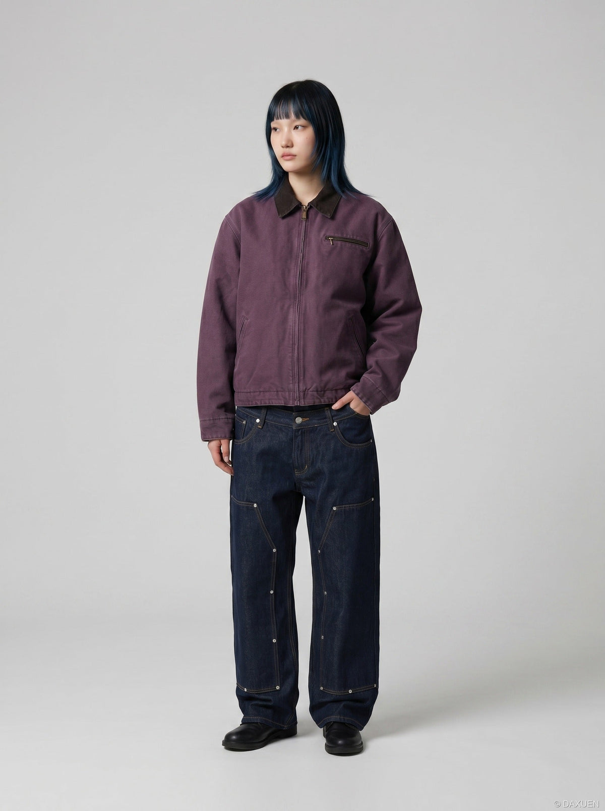 DAXUEN dark purple workwear jacket with corduroy collar — model photo
