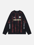 Long-sleeve streetwear t-shirt featuring distressed vertical football stripes and retro club crest graphics