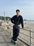 DAXUEN dark wash colour block wide-leg jeans — model photo