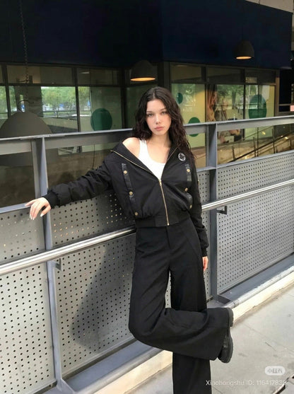 DAXUEN Deconstructed bomber jacket in navy blue and black — model photo