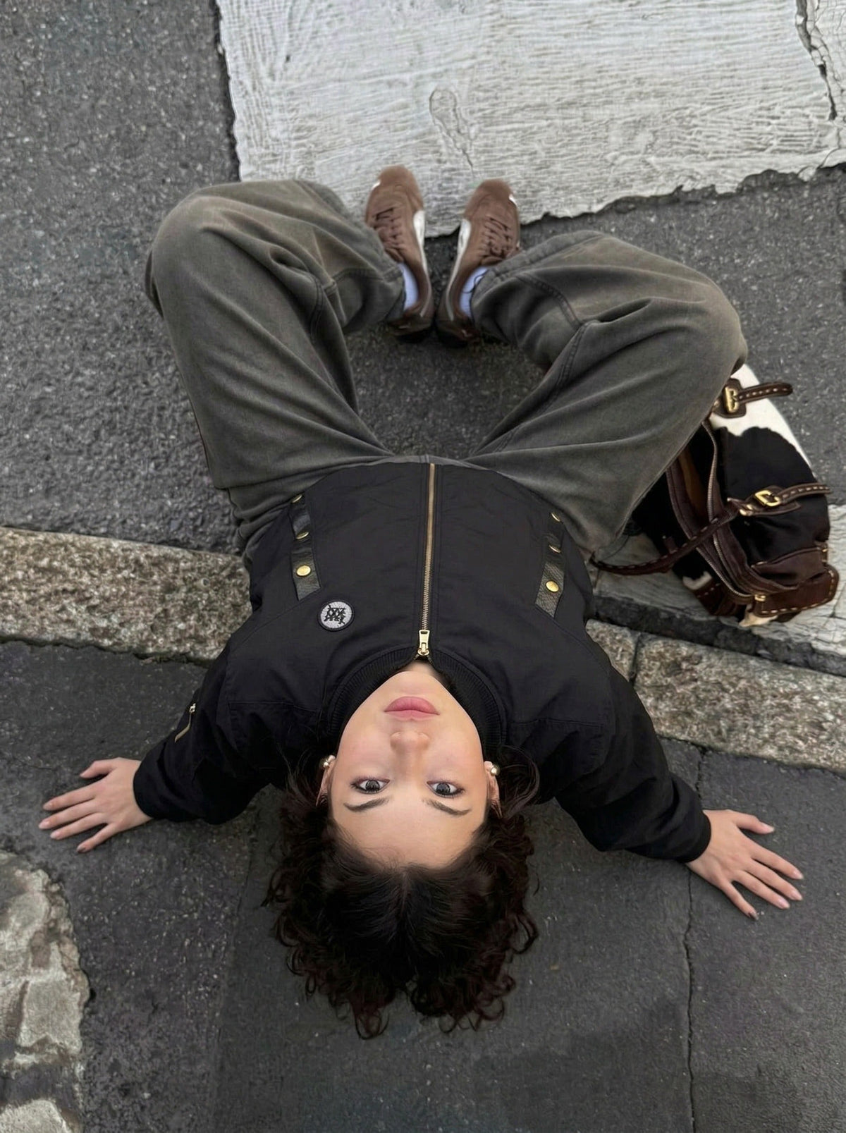 DAXUEN Deconstructed bomber jacket in navy blue and black — model photo