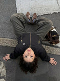 DAXUEN Deconstructed bomber jacket in navy blue and black — model photo
