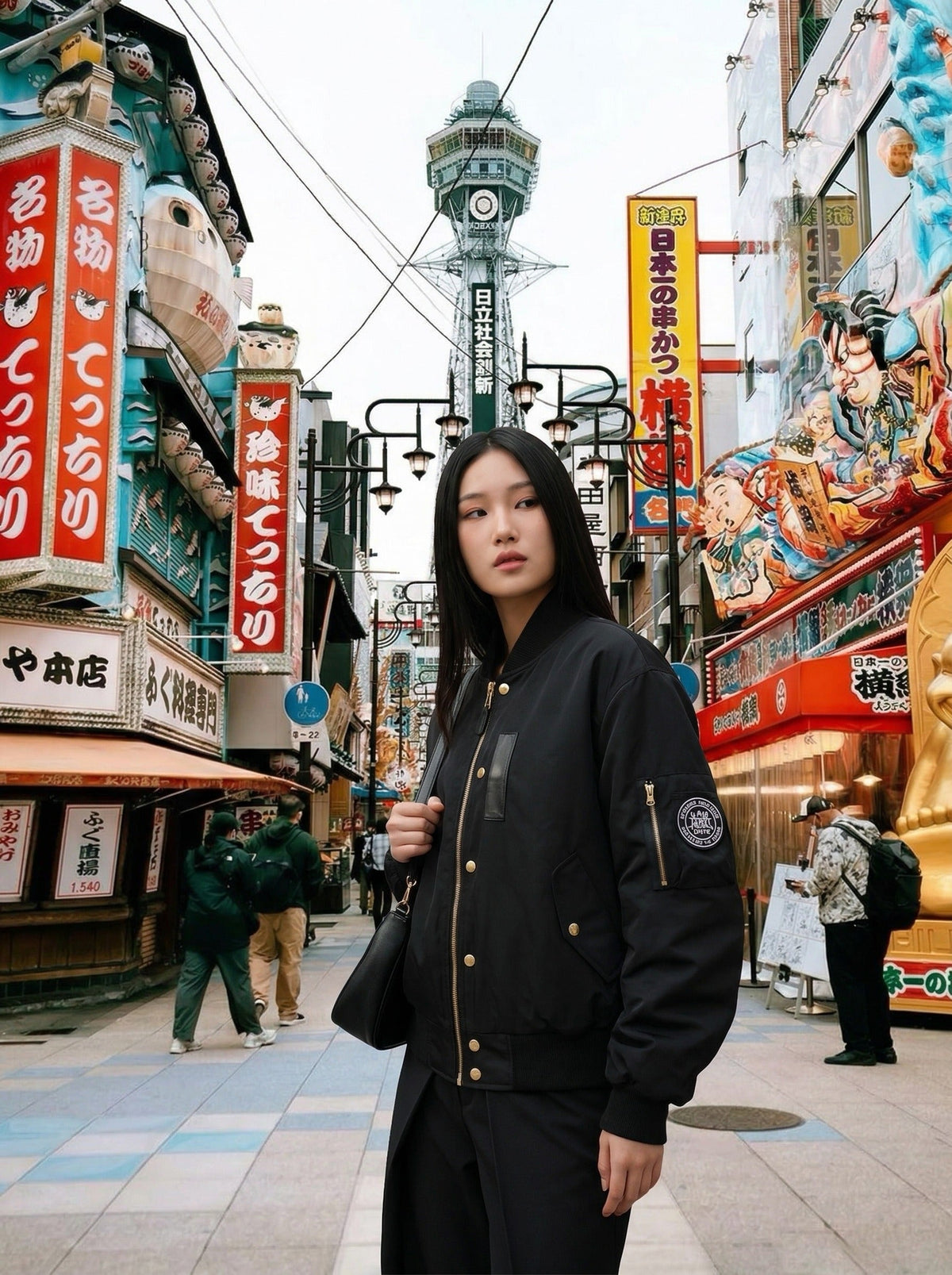 DAXUEN Deconstructed bomber jacket in navy blue and black — model photo
