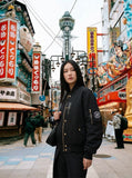 DAXUEN Deconstructed bomber jacket in navy blue and black — model photo