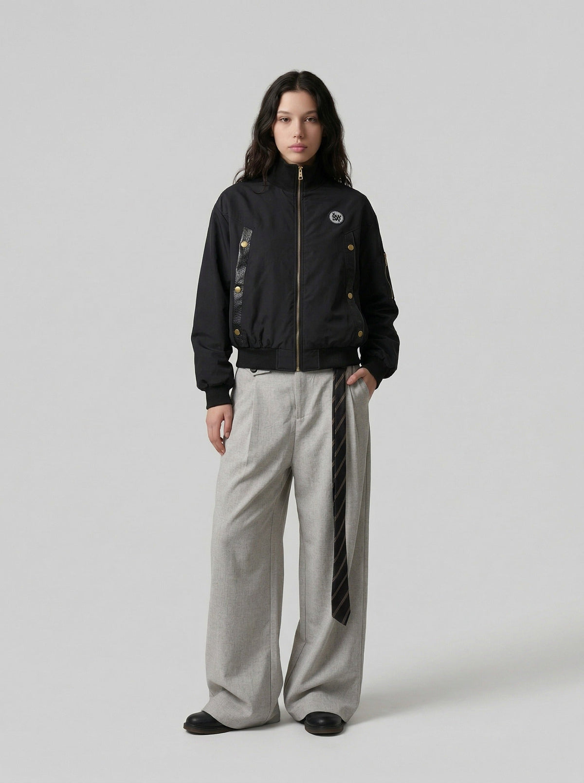 DAXUEN Deconstructed bomber jacket in navy blue and black — model photo