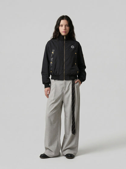DAXUEN Deconstructed bomber jacket in navy blue and black — model photo