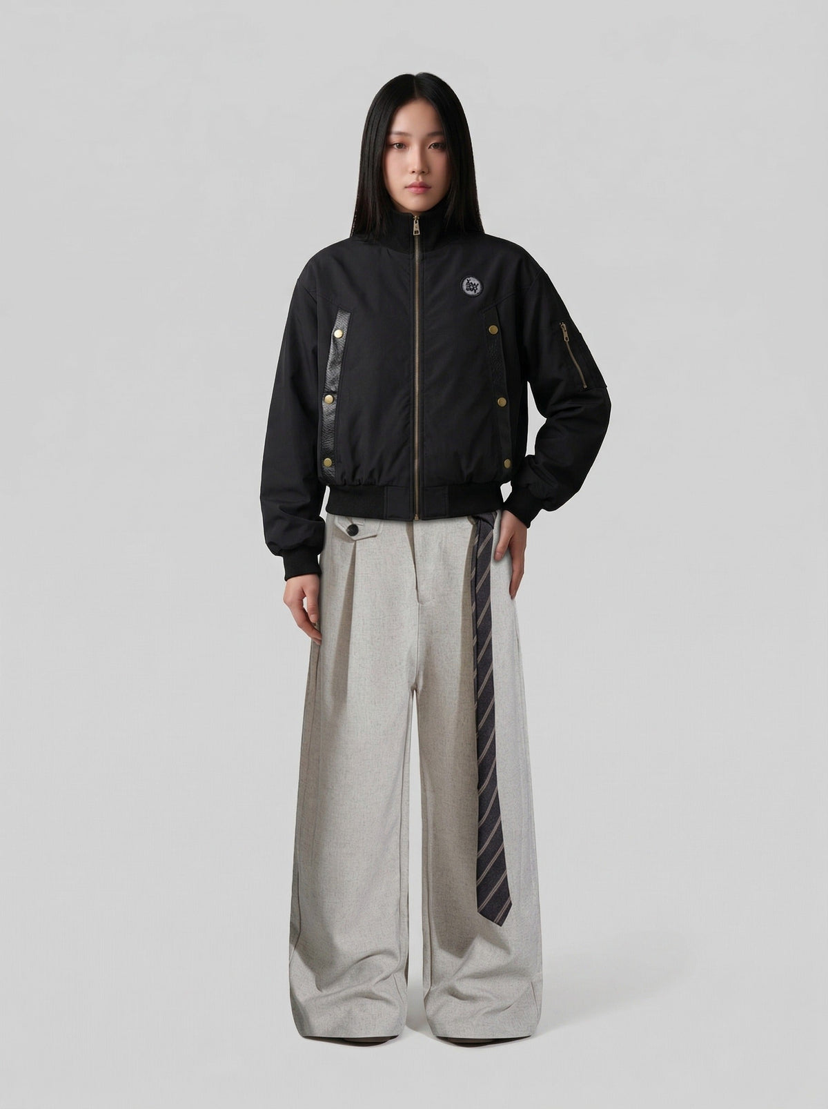 DAXUEN Deconstructed bomber jacket in navy blue and black — model photo
