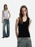 DAXUEN beige deep U-neck ribbed knit tank top