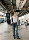 DAXUEN beige deep U-neck ribbed knit tank top — model photo