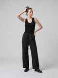DAXUEN beige deep U-neck ribbed knit tank top — model photo