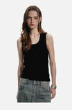 DAXUEN beige deep U-neck ribbed knit tank top