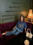 DAXUEN Denim ombre short-sleeve embroidered crewneck tee — model photo