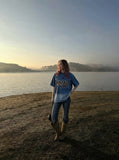 DAXUEN Denim ombre short-sleeve embroidered crewneck tee — model photo