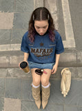DAXUEN Denim ombre short-sleeve embroidered crewneck tee — model photo