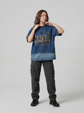 DAXUEN Denim ombre short-sleeve embroidered crewneck tee — model photo