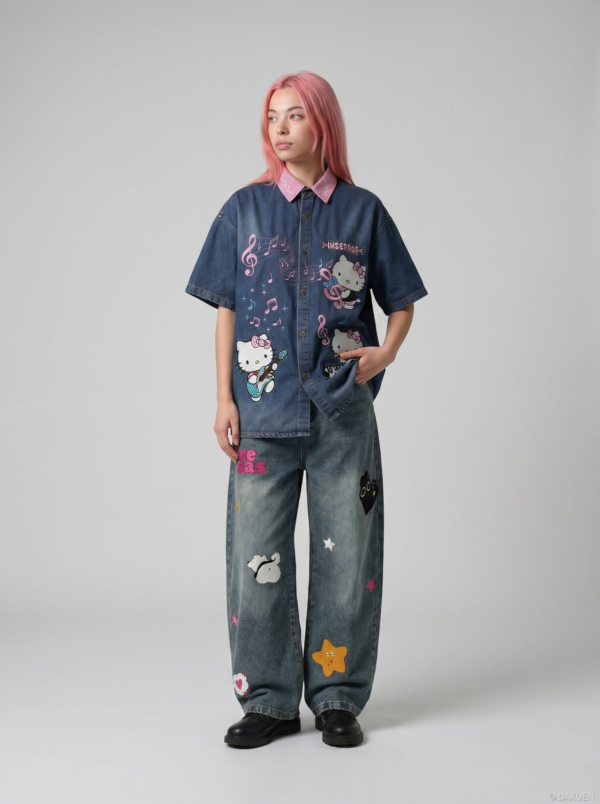 DAXUEN Relaxed-fit short-sleeved button-down denim shirt — model photo