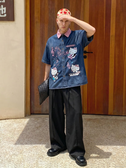 DAXUEN Relaxed-fit short-sleeved button-down denim shirt — model photo