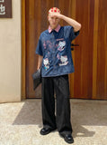 DAXUEN Relaxed-fit short-sleeved button-down denim shirt — model photo