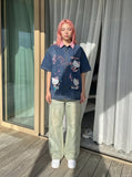 DAXUEN Relaxed-fit short-sleeved button-down denim shirt — model photo