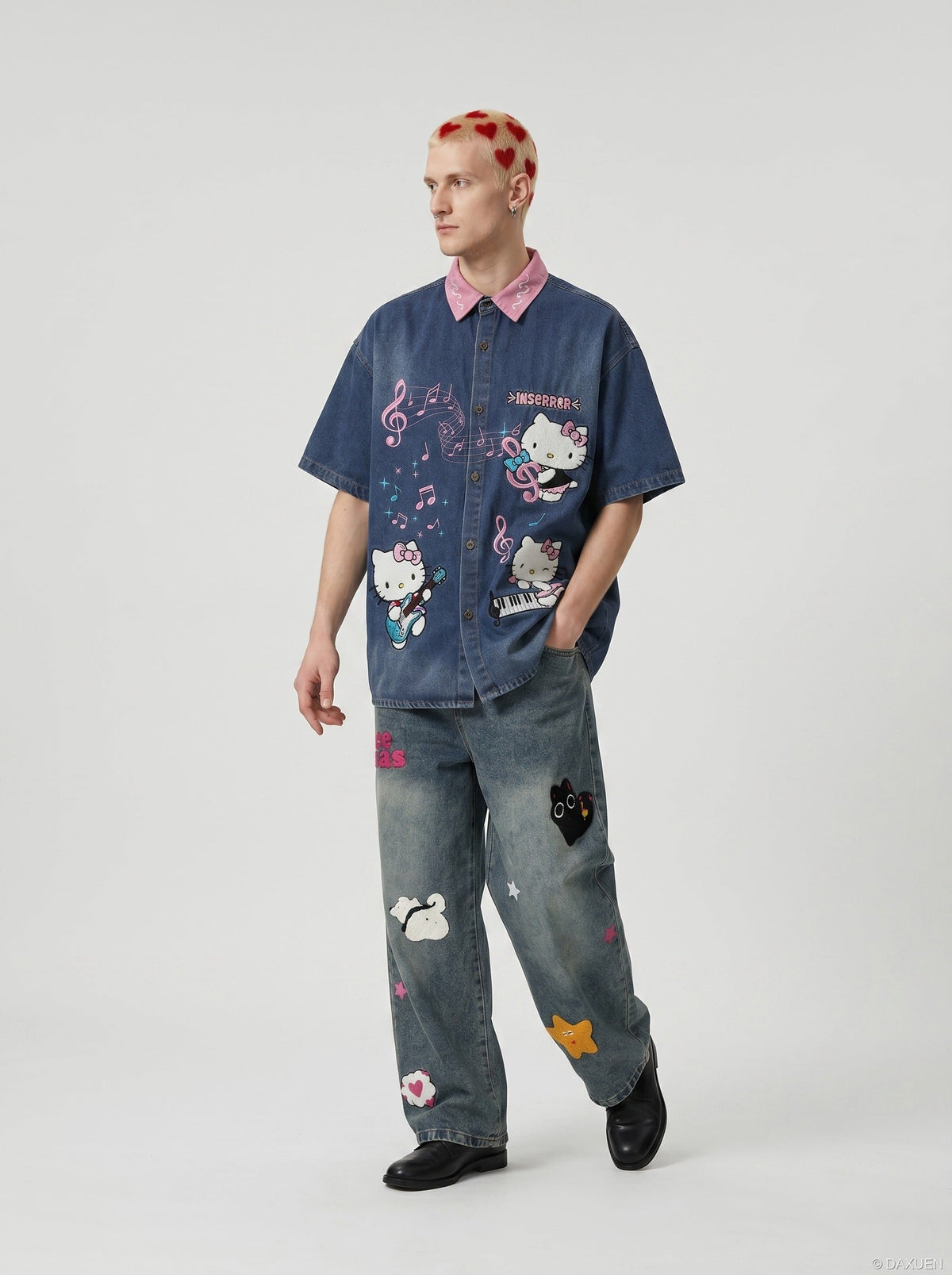 DAXUEN Relaxed-fit short-sleeved button-down denim shirt — model photo