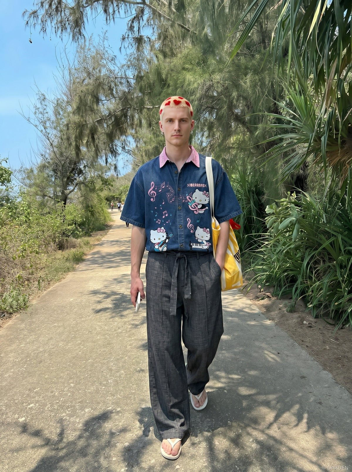 DAXUEN Relaxed-fit short-sleeved button-down denim shirt — model photo