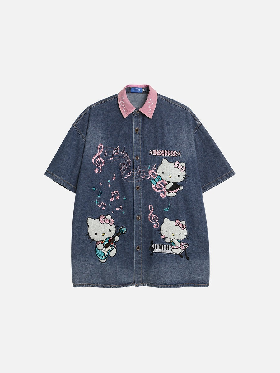 DAXUEN Relaxed-fit short-sleeved button-down denim shirt