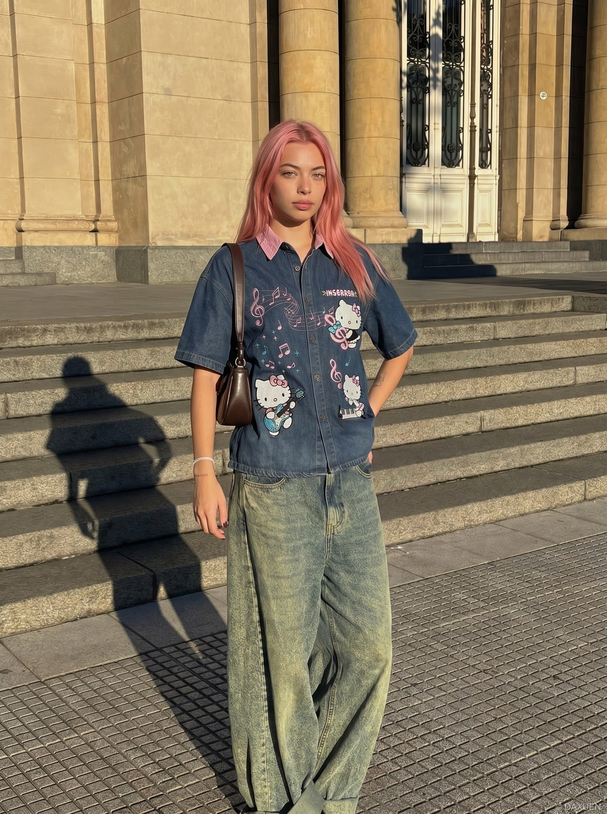 DAXUEN Relaxed-fit short-sleeved button-down denim shirt — model photo