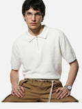 DAXUEN white diagonal knit texture quarter-zip polo shirt