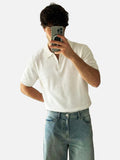 DAXUEN white diagonal knit texture quarter-zip polo shirt