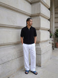 DAXUEN white diagonal knit texture quarter-zip polo shirt — model photo