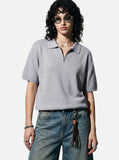 DAXUEN white diagonal knit texture quarter-zip polo shirt