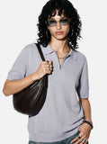 DAXUEN white diagonal knit texture quarter-zip polo shirt