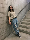 DAXUEN light beige and brown diagonal plaid button-up shirt — model photo